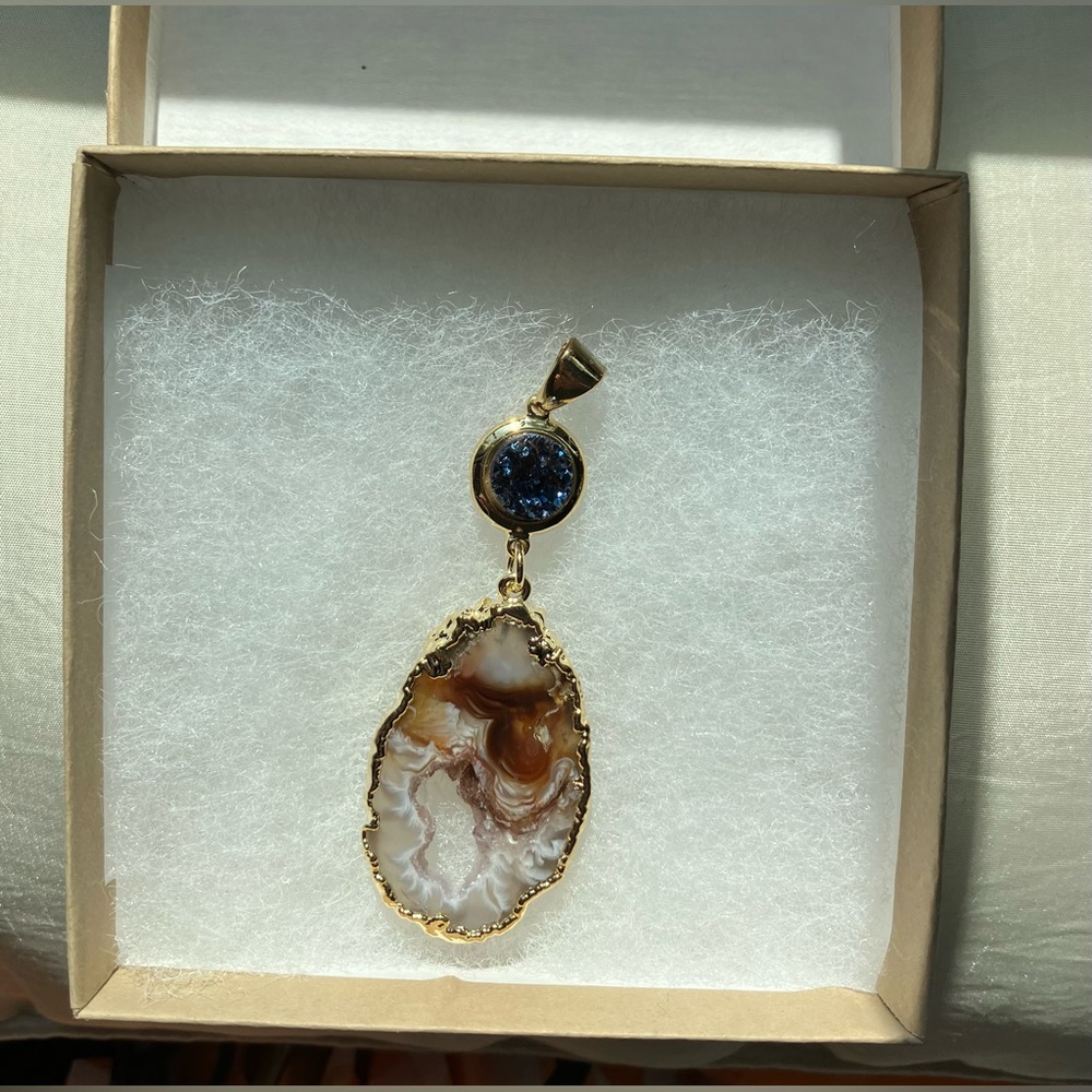Gold Plated Oco Geode Slice w/ Metallicized Druzy Pendant, 2.75" avg